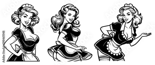 Vintage pin up maid characters set, beautiful female housemaid or waitress in retro uniform vector illustration
