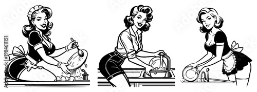 Set of vintage pin up women washing dishes at the kitchen sink, retro housewife characters cleaning house illustration