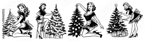 Set of vintage pin up women decorating Christmas tree, retro female characters preparing for winter holiday season vector