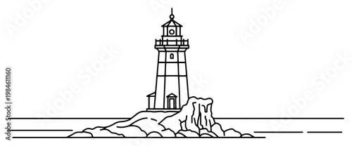 Minimalist lighthouse line art illustration on rocks near the sea, nautical landscape vector for travel and maritime concept