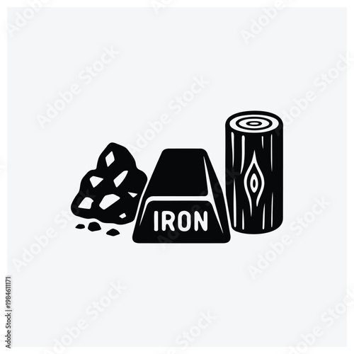 Iron ore, ingot, wood resource silhouette