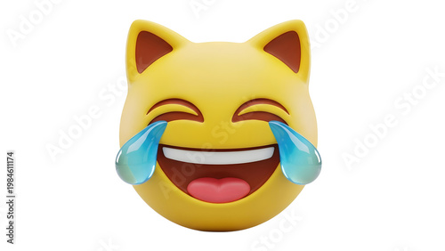 Laughing cat face emoji with tears on transparent background