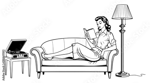 Woman reading a book on a sofa with record player and floor lamp, vintage retro lifestyle line art illustration, cozy home
