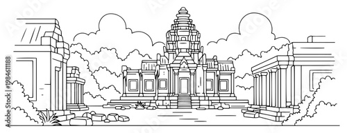 Ancient temple ruins line art landscape illustration, historic landmark and Asian architecture vector sketch