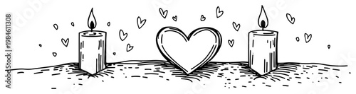 Romantic candles and heart shape hand drawn engraving illustration, candlelight for Valentines day or spiritual concept