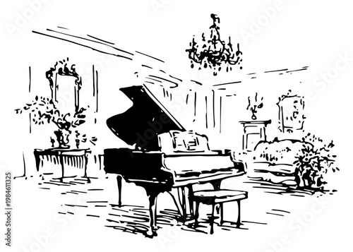 Vintage classical interior with grand piano and chandelier sketch, luxury music room hand drawn vector illustration