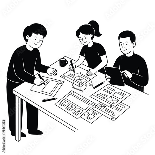 Mono-line team collaborating on ui design at table