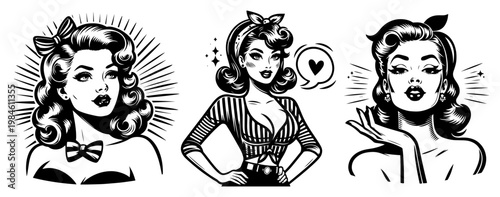 Set of vintage pin up girl portraits, retro 1950s style beautiful woman characters comic ink illustration