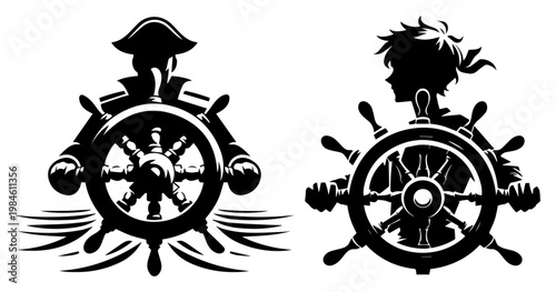 Nautical pirate and sailor silhouette set with ship steering wheel, maritime navigation and adventure vector illustration