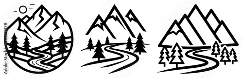 Mountain landscape icons set with forest and river, minimalist outdoor travel adventure logo emblems vector illustration