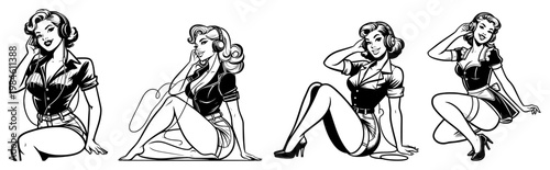 Set of vintage pin up girls listening to music with headphones, retro female characters in sexy poses for audio and music