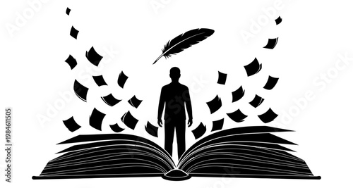 Silhouette of a person emerging from an open book with flying pages and a quill pen