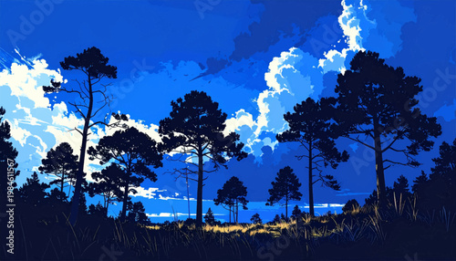 Tall conifers against luminous storm clouds in deep blue dusk. Graphic wilderness scene with bold silhouettes and vast heavens. Epic skyline background for camping promotion or poster design