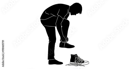 Silhouette of a person tying shoelaces on a sneaker against a white background