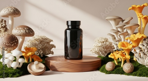 Dark glass bottle amidst a mystical forest of mushrooms and blooms