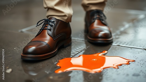 Polished leather shoes beside spilled paint on wet pavement.