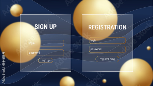 Golden signup and registration form on blue background with spheres