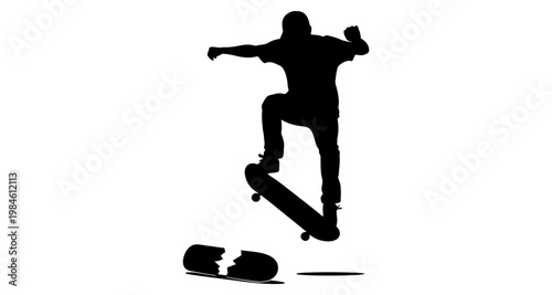 Skateboarder silhouette mid-air jump over broken board during extreme sports stunt