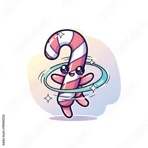 Cartoon candy character hula hooping playfully.
