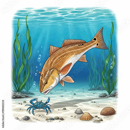 Redfish hunting blue crab in shallow water habitat vector illustration,