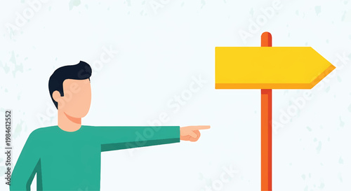 Man pointing at a yellow directional signpost with two arrows, pointing