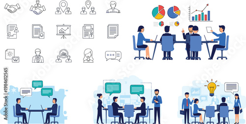 Business professionals meeting discussing analytics and strategy with corporate communication icons, teamwork collaboration concept, modern office environment, flat vector illustration