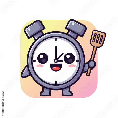 Cute cartoon alarm clock character smiling.
