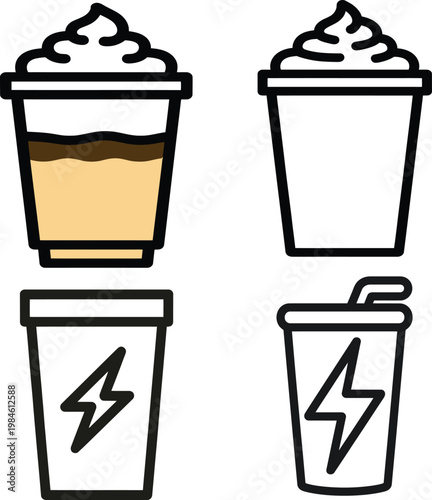 Coffee and Energy Drink Cup Icon Set Takeaway Beverage Vector Illustration Collection