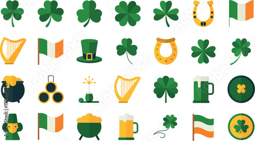 Saint Patrick’s Day icon set, Irish themed collection featuring shamrocks leprechaun hat pot of gold rainbow horseshoe beer mug and Celtic symbols, vibrant green and gold palette