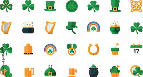 Saint Patrick’s Day icon set, Irish themed collection featuring shamrocks leprechaun hat pot of gold rainbow horseshoe beer mug and Celtic symbols, vibrant green and gold palette