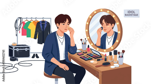 Male pop idol applying makeup in backstage dressing room. handsome singer preparing for performance in front of mirror. k-pop star character grooming with cosmetics before concert.