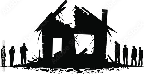 Silhouette collapsed house with broken roof and walls, scattered debris, human figures observing ruins, disaster aftermath, destruction scene, abandoned environment
