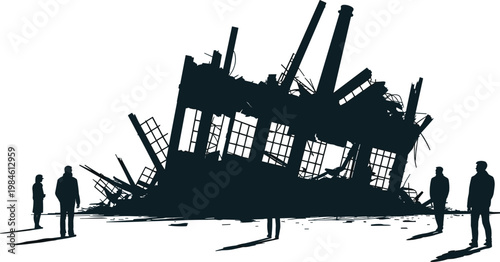 Silhouette of collapsed industrial factory ruins with broken windows, leaning walls, scattered debris and human figures observing destruction aftermath scene