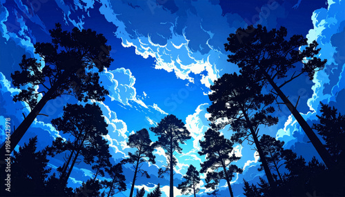 Upward pine canopy encircling bright clouds across rich blue sky. Towering treetops create bold contrast and cinematic perspective. Outdoor vector backdrop for hiking posters and adventure media