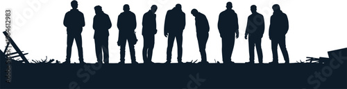 Silhouette group of men standing in ruined environment with broken debris, abandoned setting, shadow figures, desolate mood, contemplative posture
