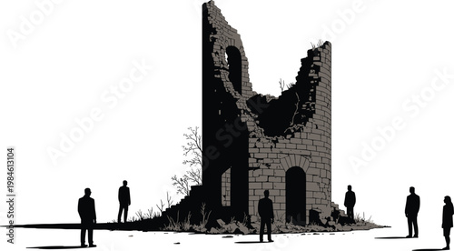 Silhouetted figures around ancient ruined stone tower structure with dramatic shadows, black and white illustration symbolizing decay, solitude, observation