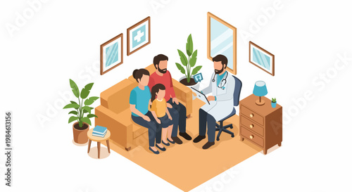 Isometric Family Doctor Consultation in Modern Clinic Office Vector Illustration