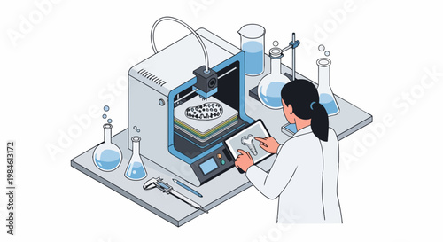 Scientist Using 3D Printer for Medical Bioprinting in Lab Isometric Illustration