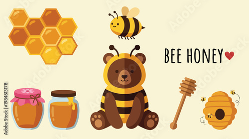 Cute Teddy Bear in Honey Bee Costume Collection with Honeycomb Jars Beehive and Wooden Dipper Flat Vector Illustration