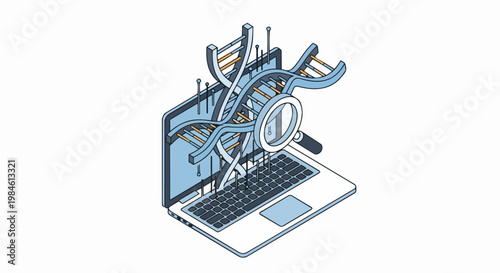 Isometric Bioinformatics Concept Illustration: DNA Double Helix Emerging from Laptop Screen with Magnifying Glass for Genetic Data Research