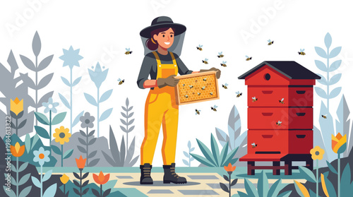 Female Beekeeper Holding Honeycomb Frame Near Red Beehive in Summer Garden Flat Vector Illustration