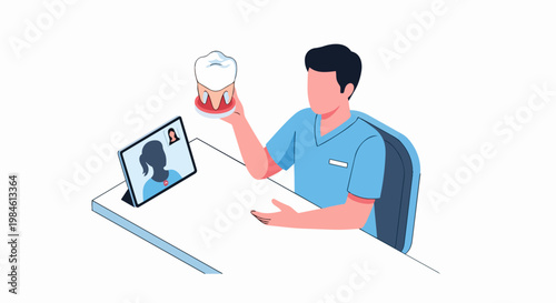 Online Dentist Consultation Illustration: Male Dentist in Scrubs Holding Tooth Model for Video Call with Patient on Tablet. Telehealth and Digital Healthcare Concept.