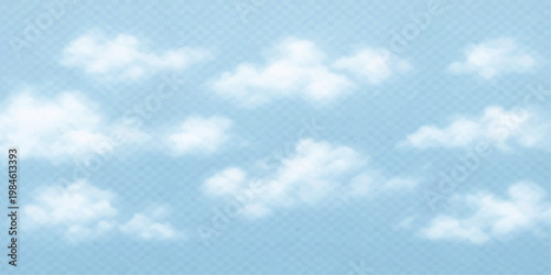 A beautiful clear blue sky features fluffy white cumulus clouds on a bright sunny day, creating a peaceful summer nature cloudscape high in the atmosphere