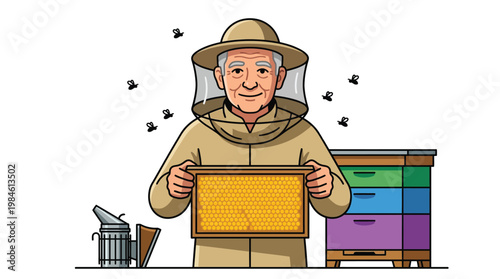 Professional senior beekeeper character holding honeycomb frame with beehive and smoker vector illustration for apiary business