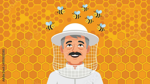Professional Beekeeper Cartoon Character with Swarm of Honey Bees and Honeycomb Pattern Background for Organic Honey Marketing