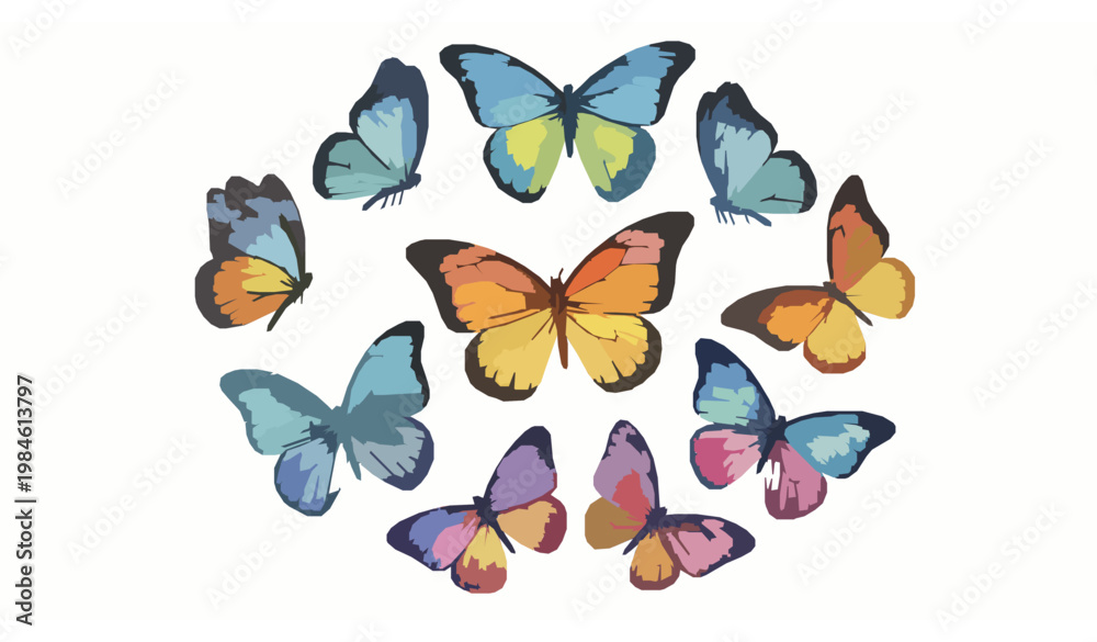 Naklejka premium Colorful watercolor butterflies collection isolated on white background with vibrant wing details and artistic nature design