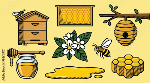 Honey Bee and Beekeeping Icon Set with Honeycomb Jar and Natural Beehive Illustration