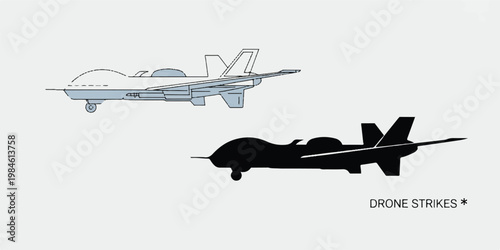 A set of black and white aircraft silhouettes depict drone strikes in action