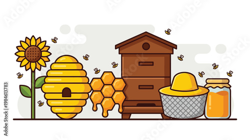 Flat vector illustration of beekeeping equipment with wooden hive honeycomb sunflower and honey jar for organic farm branding