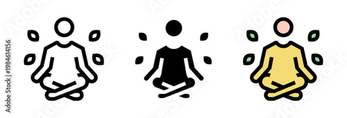 Conjunto de iconos de meditación. Persona en calma, equilibrio mental, relajación consciente, bienestar emocional, mindfulness. Ilustración vectorial